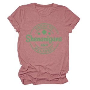 Detail of heathered pink St. Patrick's Day t-shirt featuring green shamrock graphic print