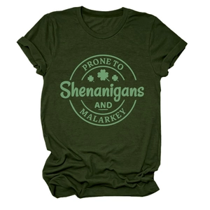 Detail of rolled cuffs on an olive green t-shirt with Shenanigans clover graphic