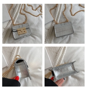 Detail showing silver crocodile texture mini bag with golden chain and square lock
