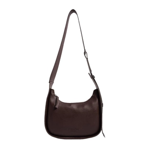Minimalist dark brown crescent shoulder bag with adjustable strap and top zipper closure