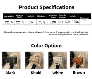 Detailed size specs for quilted chain crossbody bag featuring PU material and dimensions