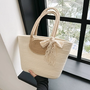 Large capacity woven tote bag for women with beige lace bow and brown leather details