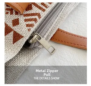 Detail of hardware zipper pull and geometric woven fabric on professional tote bag
