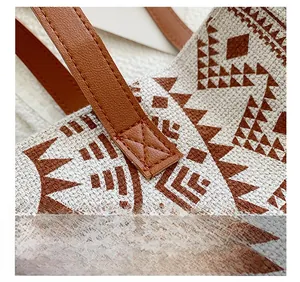Detail of reinforced leather handle with stitching on canvas ethnic tote bag