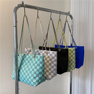 Fashion Checkerboard Canvas Tote Bag Women Pleated Texture Shoulder Bag With Metal Chain Strap Minimalist Daily Handbag