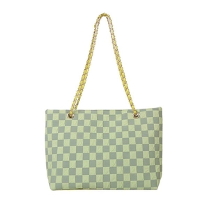 Green checkerboard pattern tote bag with golden metal chain strap on white background