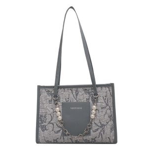Grey pleated tote bag with large capacity, pearl chain decoration, and slim shoulder straps
