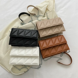 Chic quilted flap crossbody bags with chain straps in black, beige, brown, and white colors