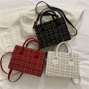 Classic tweed mini tote bags in black red and white with textured weave and gold accents