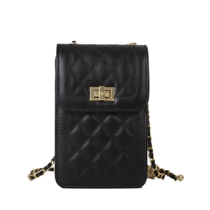 Elegant black quilted crossbody phone bag with gold chain strap and metal ball detail