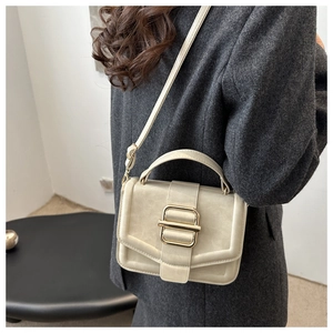 Close-up of beige matte leather crossbody bag featuring gold buckle and tweed blazer style