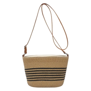 Classic striped straw crossbody bucket bag with long brown strap for summer beach vacation