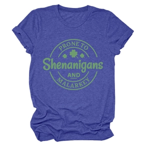 Detail view of St. Patrick's Day graphic tee with clover and Shenanigans slogan