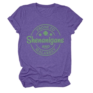 Detail view of the St. Patrick's Day graphic print on heathered purple crewneck t-shirt
