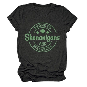 Detail of grey crewneck T-shirt featuring green Prone to Shenanigans shamrock print