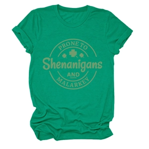 Flat lay of green short sleeve T-shirt with Shenanigans and Malarkey slogan print