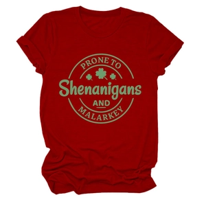 Close-up of the St. Patrick's Day graphic print on this red cotton short sleeve T-shirt