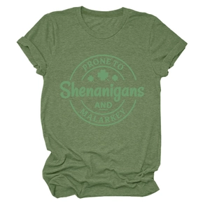 Detail of St. Patrick's Day heather green T-shirt with shamrock and slogan print