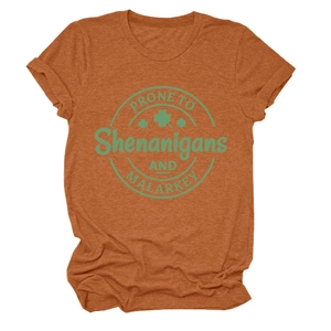 Detail of rust red crew neck t-shirt featuring clover badge and Shenanigans print