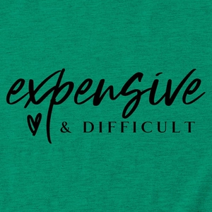 Detail of emerald green knit T-shirt with black expensive & DIFFICULT text print