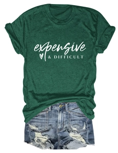 Close-up of dark green t-shirt with expensive difficult print and denim shorts