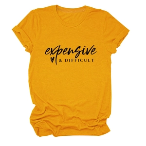 Detail of soft yellow cotton t-shirt with black expensive and difficult typography print