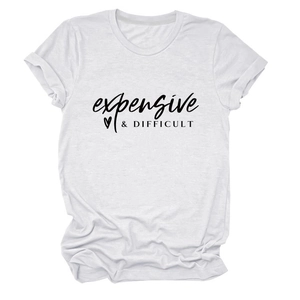 Detail of white cotton T-shirt featuring black artistic expensive & difficult print