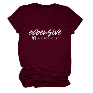 Detail of burgundy cotton t-shirt featuring expensive and difficult white lettering