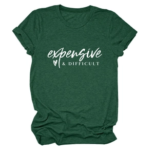 Detail of forest green crewneck T-shirt with white expensive & DIFFICULT slogan