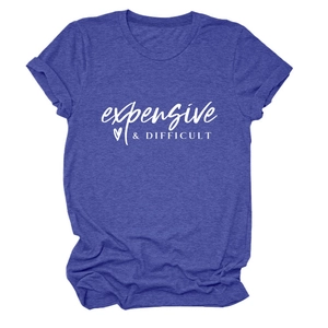 Detail of navy blue t-shirt featuring white 'expensive & DIFFICULT' print and cuffed sleeves