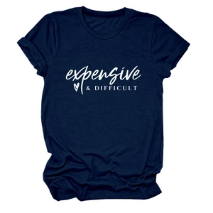 Detail view of navy blue crew neck T-shirt with white expensive and difficult print