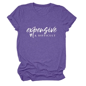 Detailed view of dark purple cotton t-shirt with expensive & difficult printed text