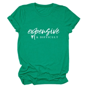 Detail of emerald green crewneck T-shirt featuring expensive difficult white print design