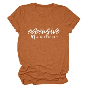 Detailed view of caramel short-sleeve T-shirt with expensive & difficult white print