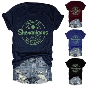Women Casual Cotton Loose T-Shirt St Patrick's Day Clover Letter Print Short Sleeve Round Neck Top Festive Graphic Tee