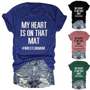 Women's crew neck T-shirt set in blue black pink and green with wrestling print