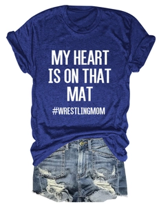 Deep blue women's t-shirt and distressed denim shorts set with wrestling mom print