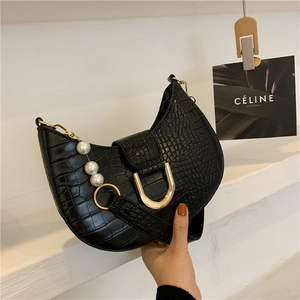 Borsa Sottobraccio Motivo Coccodrillo Per Donna Pelle PU Borsa A Spalla Mezzaluna Con Decorazione Di Künstliche Perle Fibbia Metallo Moda