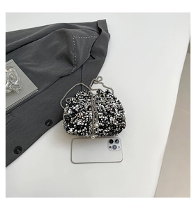 Silver sequin bucket bag with metal chain strap and pearl drawstring, mini size view
