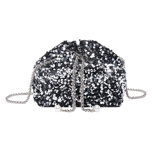 Silver sequin bucket bag with metal chain strap and pearl drawstring details