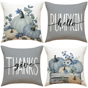 Fodera per Cuscino con Zucca del Ringraziamento in Lino Autunnale Decorativa Blu Fiore Lettera Stampata Quadrata per Divano