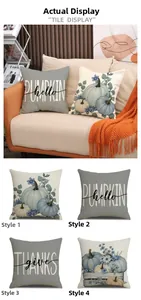 Set mit vier herbstlichen Kürbis-Kissenbezügen mit Blumenmustern und künstlerischem Schriftzug