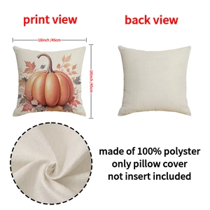 Federa decorativa autunnale con zucca e foglie in poliestere effetto lino da 45x45 cm