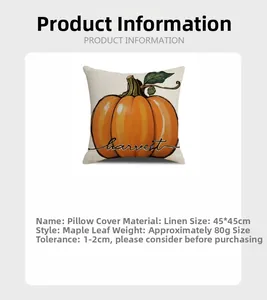 Detailed view of linen pillowcase with harvest pumpkin print and 45x45cm size specs