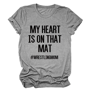 Close-up of My Heart Is On That Mat slogan print on heather gray cotton t-shirt
