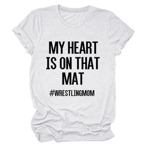 Detail of white cotton wrestling mom t-shirt showing the soft fabric texture and print