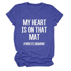 Detail of purple cotton T-shirt featuring My Heart Is On That Mat wrestling text