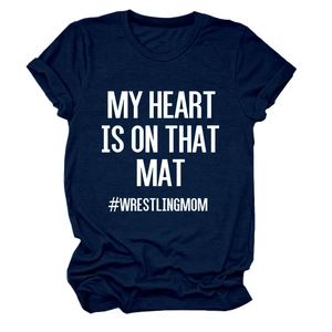 Detail of navy blue wrestling mom t-shirt showing soft fabric and high-quality print