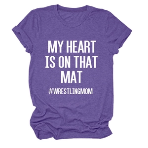 Detail of purple heathered T-shirt with MY HEART IS ON THAT MAT wrestling print