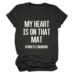 Detail of soft charcoal grey wrestling mom t-shirt with white letter printing